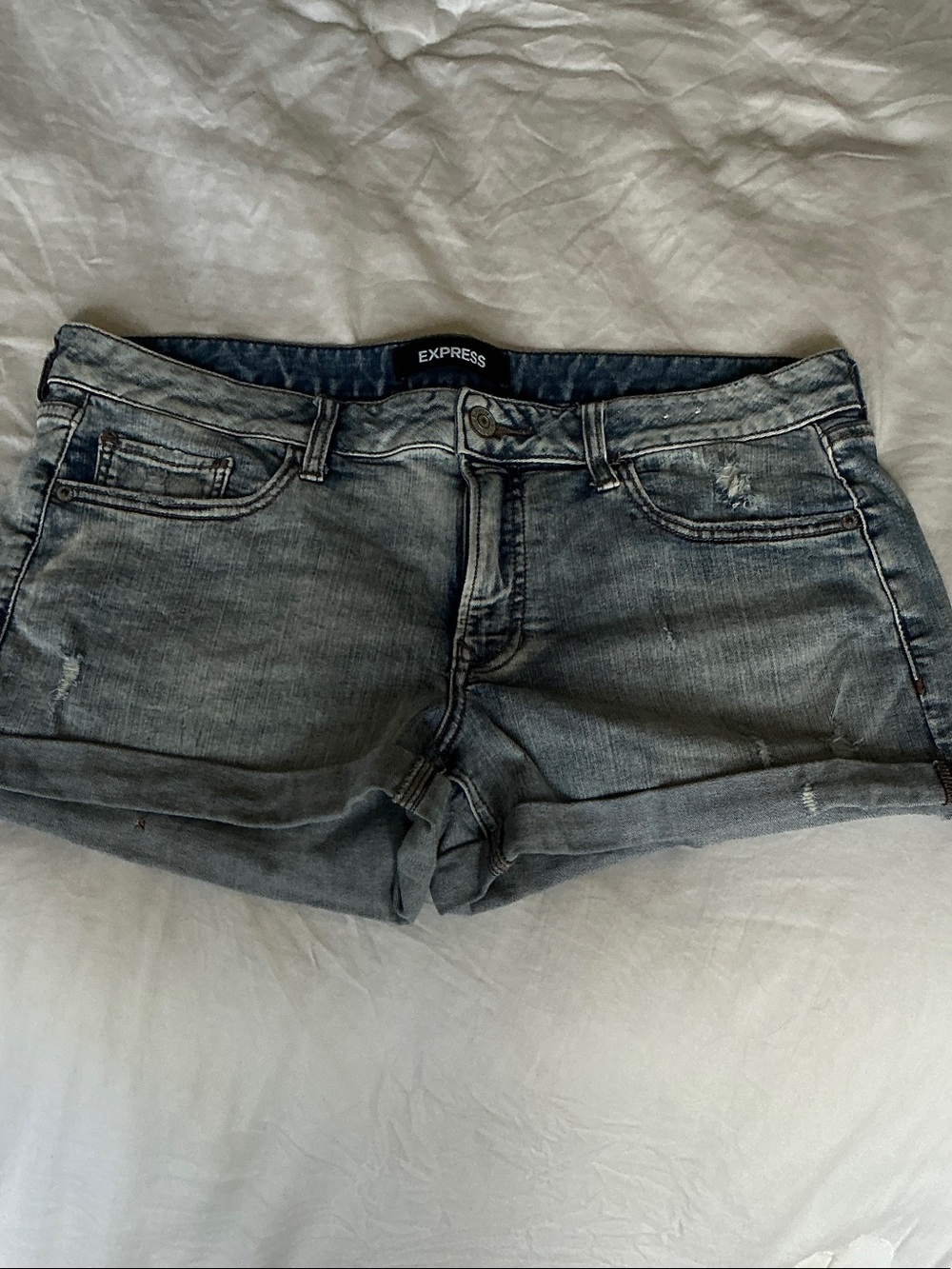 Express Women's Faded Blue Denim Cutoff Shorts (Stretch)
